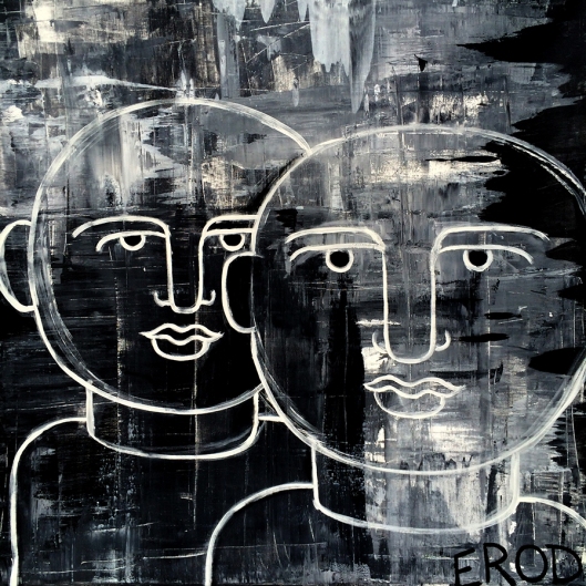 face faces portraits love lovers duo black and white b&w couple abstract expressionist modern black art grey gray charcoal line art nyc grafitti subway japan los angeles art show auction keith haring kostabi picasso 50"x50" 48"x48"
